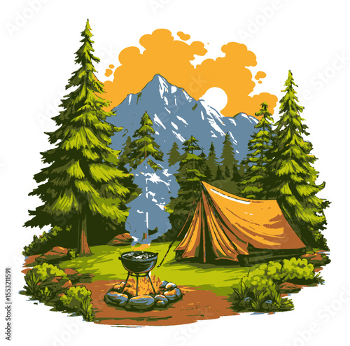 Scenic Camping Adventure in Vibrant Forest with Majestic Mountains
