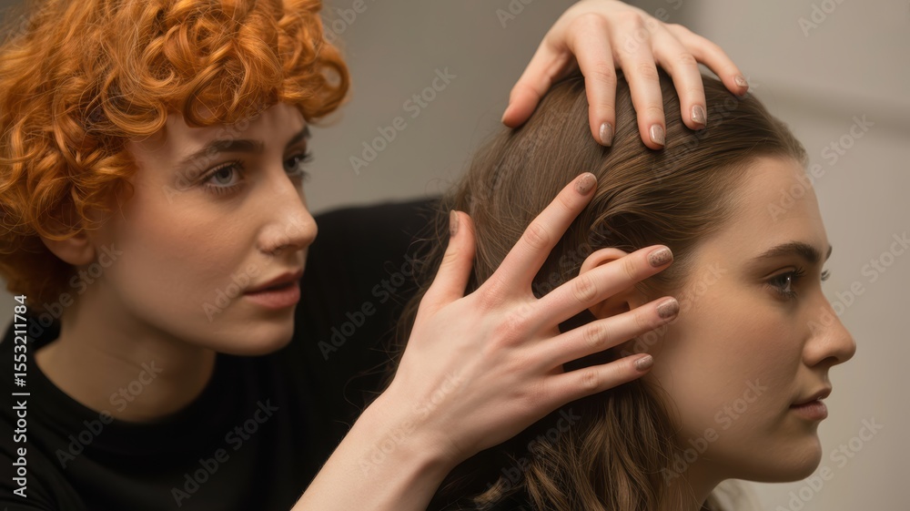 Fototapeta premium Caucasian female hairstylist examining client's brown hair in salon setting