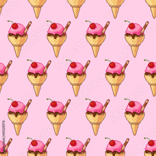 Seamless vector pattern of pixel art ice cream cones with cherry topping and wafer stick. Repeating retro dessert design on a pink background. Ideal for packaging, fabric, and summer-themed projects.