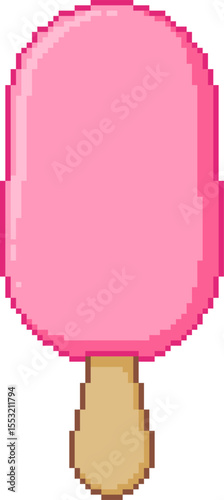 Pixel art illustration of a pink ice cream bar on a stick. Cute retro dessert in a vector format. Perfect for food design and summer themes.