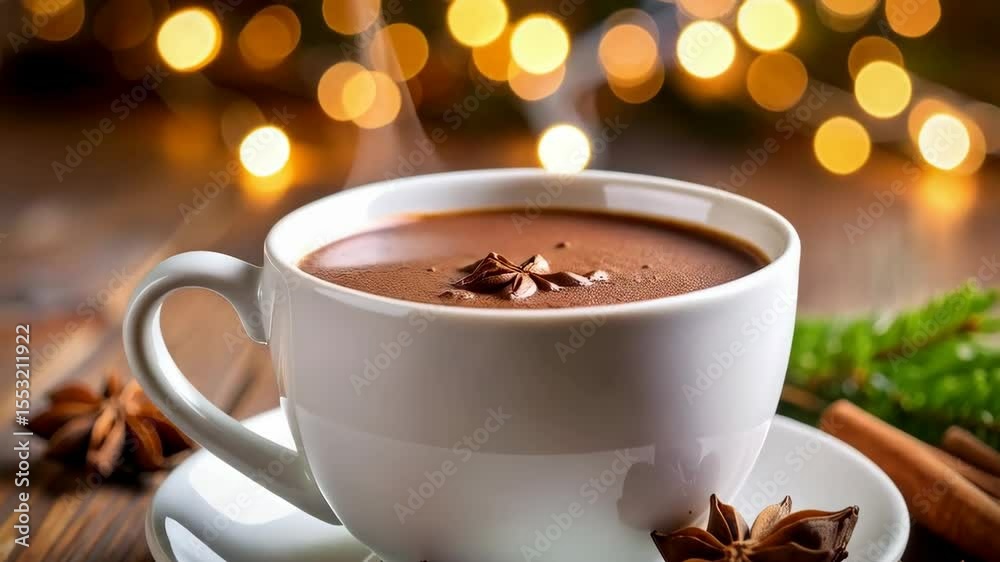 Steaming cup of hot cocoa on wooden table with anise stars, cinnamon sticks and evergreen boughs against bokeh lights background