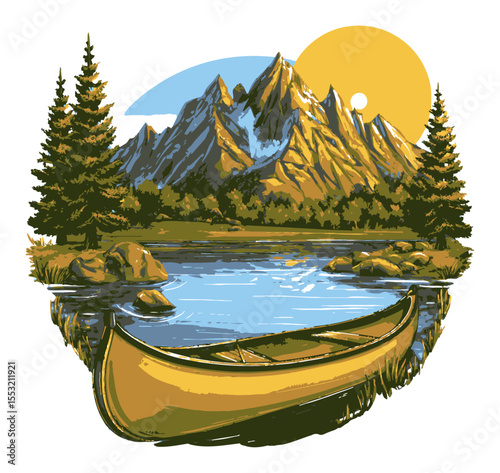 Serene Mountain Landscape with Canoe on Calm Lake at Sunset Adventure