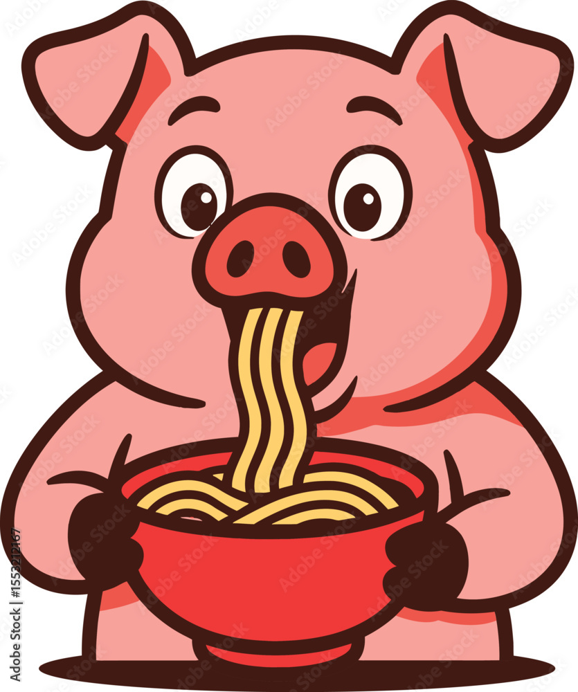 Fototapeta premium Happy Cartoon Pig Slurping Noodles from Bowl