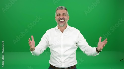 Happy man raising arms in excitement in front of green screen