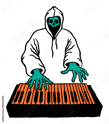 Mysterious Skeleton Musician Playing Keyboards in Dark Hoodie Design
