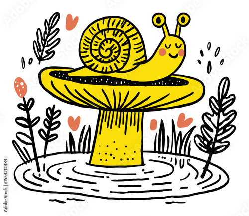 Cheerful Yellow Snail on Mushroom Surrounded by Plants and Hearts in Vector Art