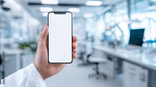 doctor's hand holds smartphone with white screen against laboratory, mock up, analysis results, closeup