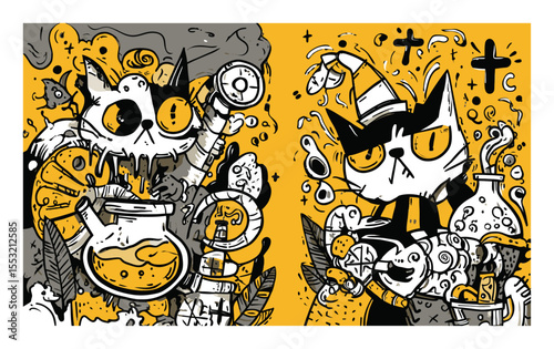 Colorful Doodle of Cats with Potion and Party Decorations in Quirky Style