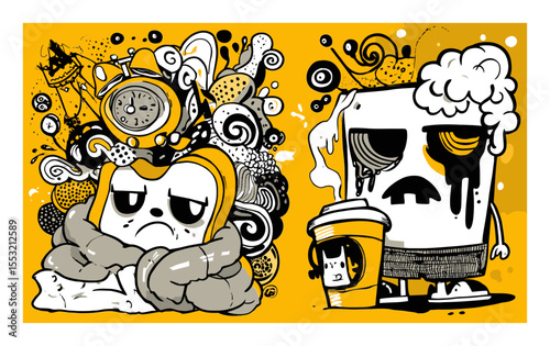 Illustration of Quirky Characters with Doodle Style and Vibrant Background