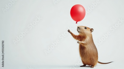 funny capybara with air balloon in paw on light background