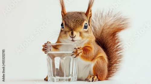 funny squirrel with glass of water on white background