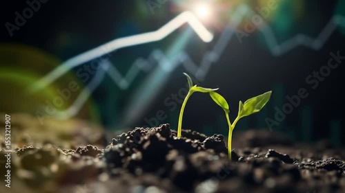 Young green plants grow from fertile soil under sunlight. Symbol of life growth, development, renewal, potential. Graphics in the background. 4k video