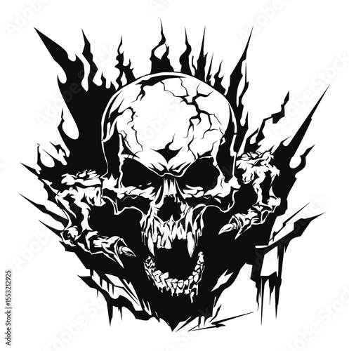 Intricate Engraving Design of a Skull Surrounded by Abstract Elements