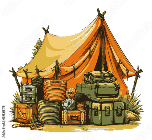 Adventure Camp Scene with Tent, Gear, and Luggage for Outdoor Excursions
