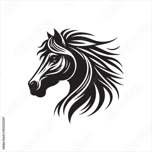 A stylized black and white illustration of a horse's head in profile, featuring flowing mane.