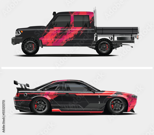 Black Off Road Truck and Tuned Sports Car with Red Graphics