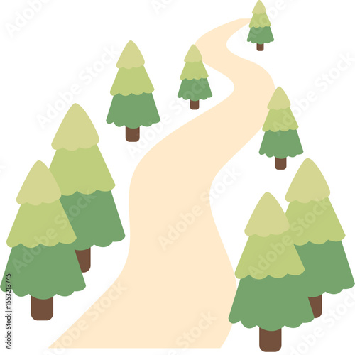 Illustrated Forest Pathway with Trees and Natural Trail Magical Woodland Scene in Soft Tones for Fantasy Adventure Landscape Background Map Game Design Story Art or Eco Tourism Promotion Visual 
