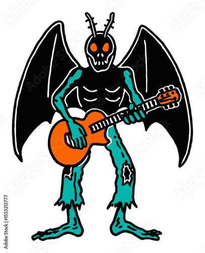 Creepy Cartoon Insect Monster Playing Guitar with Bat Wings and Skull Face