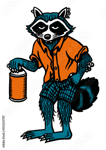 Cool Raccoon Character with Spray Can in Orange Shirt and Shorts Design