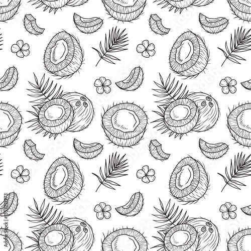 Seamless pattern coconut and half with palm leaf branch in black on white background. Hand drawn vector sketch illustration in doodle engraved vintage line art. Cocktail, dessert ingredient, perfume