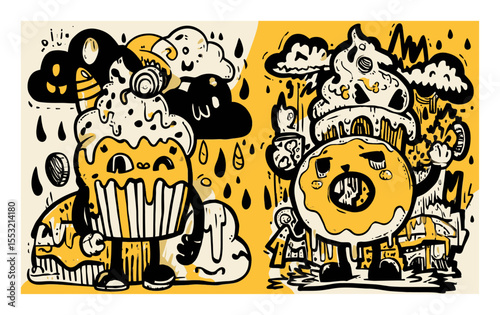 Whimsical Doodle of Cupcake and Donut Characters with Cartoonish Elements