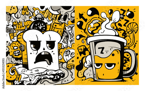 Whimsical Doodle Art Featuring Sad Toast and Beer Against Vibrant Background