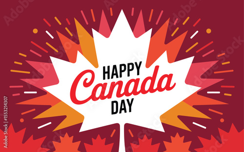 happy canada day greeting with white maple leaf, colorful fireworks, and festive red background symbolizing canadian national pride