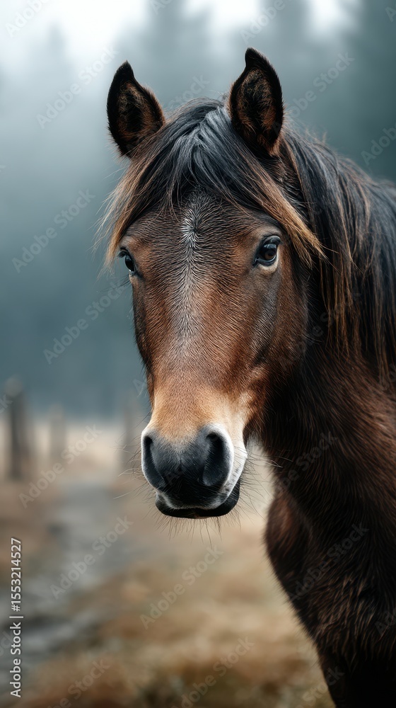 Close-up of a brown horse standing in a foggy field surrounded by trees during early morning Close-up of a brown horse standing in a foggy field surrounded by trees during early morning