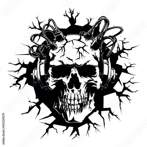 Intricate Engraving of a Skull with Headphones and Broken Wall Design