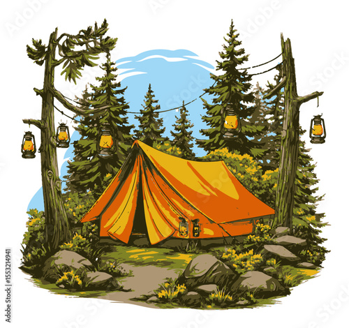 Vibrant Camping Scene with Tent Surrounded by Lush Forest and Lanterns
