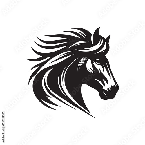 Black and white illustration of a horse head with a flowing mane.