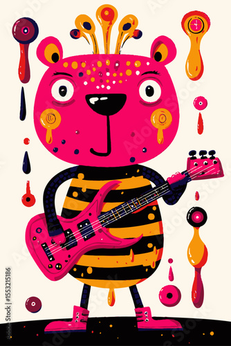 Colorful Cartoon Bear Playing Electric Guitar with Fun Design Elements