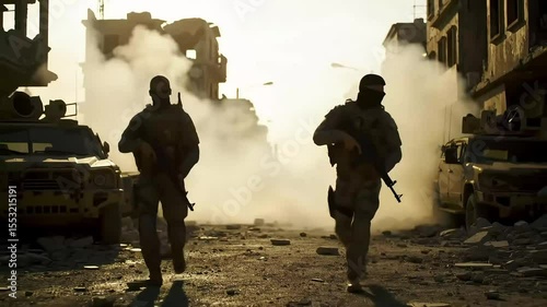 Soldiers walking through smoke in battlefield