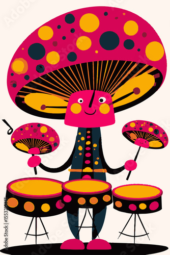 Cartoon Character Playing Drums with Colorful Mushroom Head and Fun Style