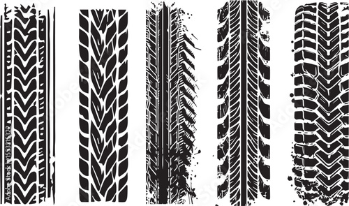 Tire Track Vector Set — Grunge Tread Patterns, Muddy Skid Marks, and Rough Imprints for Cars, Motorcycles, Rally, and Off-Road Sport Design