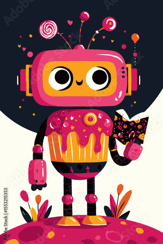 Cheerful Cartoon Robot with Cupcake and Book in Colorful Design