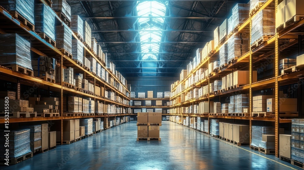 Spacious warehouse interior with tall shelves stacked with boxes and pallets illuminated by natural light from roof windows Spacious warehouse interior with tall shelves stacked with boxes and pallets illuminated by natural light from roof windows