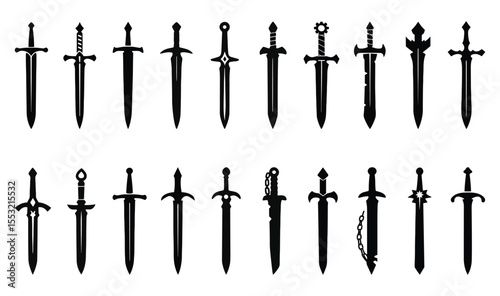Vector set of ancient and medieval swords. Includes silhouette illustrations of dagger, katana, broadsword, knight sword, and other vintage weapons. Isolated on white or transparent background