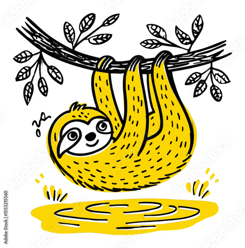 Playful Yellow Sloth Hanging from Tree Branch in Whimsical Style