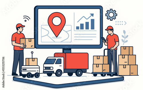 Delivery service illustration showing efficient logistics, tracking system, and automated transport with workers and a truck, showcasing modern shipping solutions.