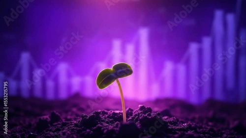 Young green plants grow from fertile soil under sunlight. Symbol of life growth, development, renewal, potential. Graphics in the background. 4k video