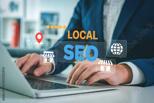 Person using laptop with digital marketing icons for local S E O local seo