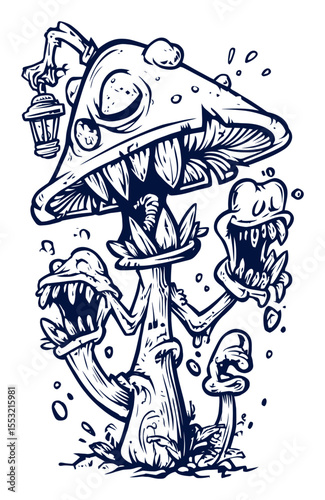 Quirky Hand-Drawn Illustration of a Unique Mushroom Creature with Lantern