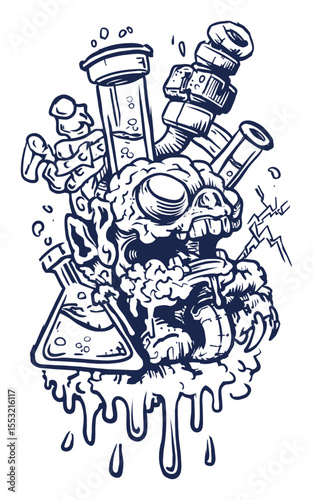 Hand-Drawn Illustration of a Monster with Laboratory Equipment and Pipes