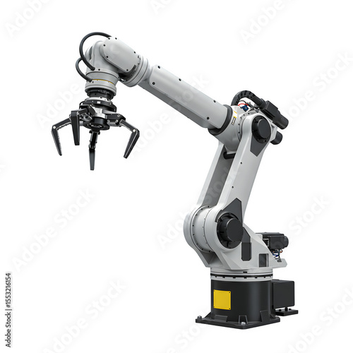 3D Render of Industrial Robotic Arm – Automated Manufacturing Technology Closeup, Isolated on White or Transparent Background