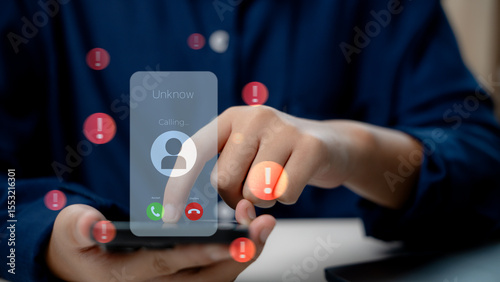 Foto Scam phone call concept with unknown caller ID and alert icons