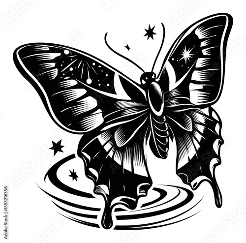 Intricate Engraving of a Butterfly Surrounded by Stars and Abstract Elements