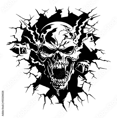 Detailed Skull Engraving Illustration with Cracked Wall Effect Design