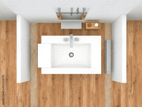 Aerial view of modern bathroom with white sink wood flooring and minimalist design elements present here