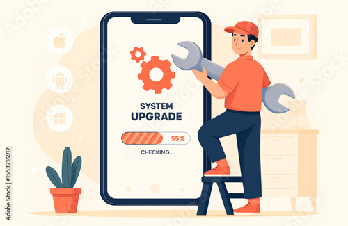 Illustration depicting a man upgrading a mobile system on a smartphone, showcasing repair, maintenance, and technology advancements in the digital world.